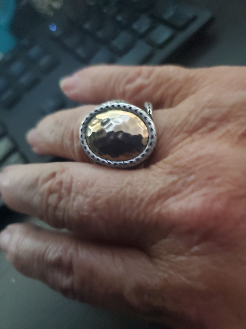 Sterling Silver Hammered Oval Copper-Tone Statement Ring